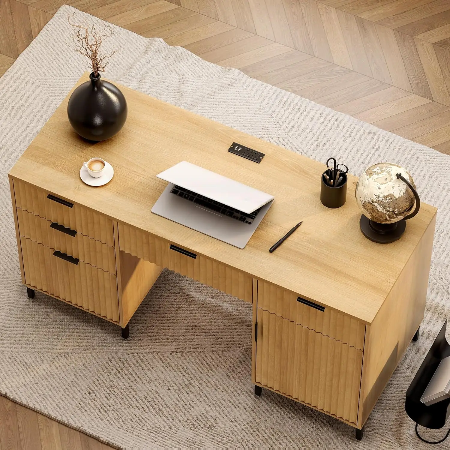 55" Fluted Executive Desk, Modern Wood Home Office Desk with Charging Station, Keyboard Tray, File Drawer, Storage, Customized
55" Fluted Executive Desk, Modern Wood Home Office Desk with Charging Station, Keyboard Tray, File Drawer, Storage, Customized