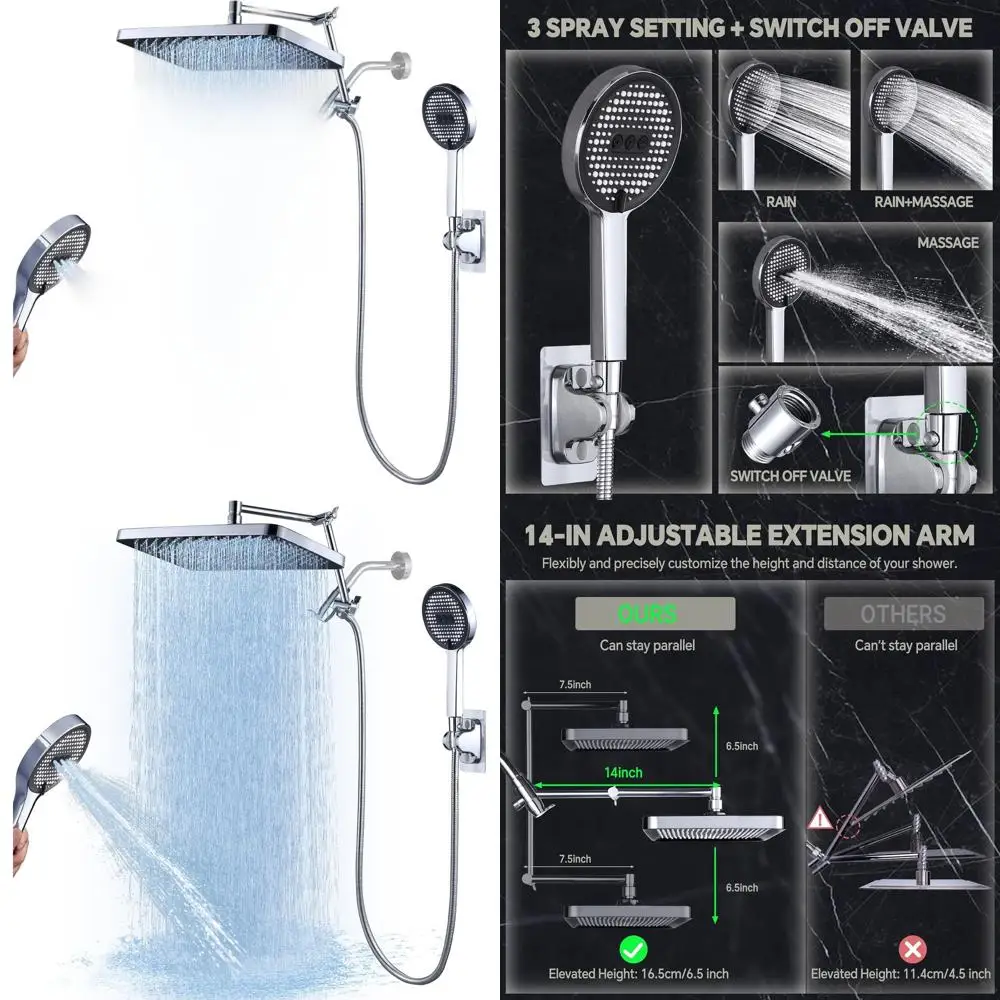 13 High Pressure Shower Combo: Wide Rainfall Head, Dual Arm, Handheld with Shut-Off Valve in Polished Chrome
13 High Pressure Shower Combo: Wide Rainfall Head, Dual Arm, Handheld with Shut-Off Valve in Polished Chrome