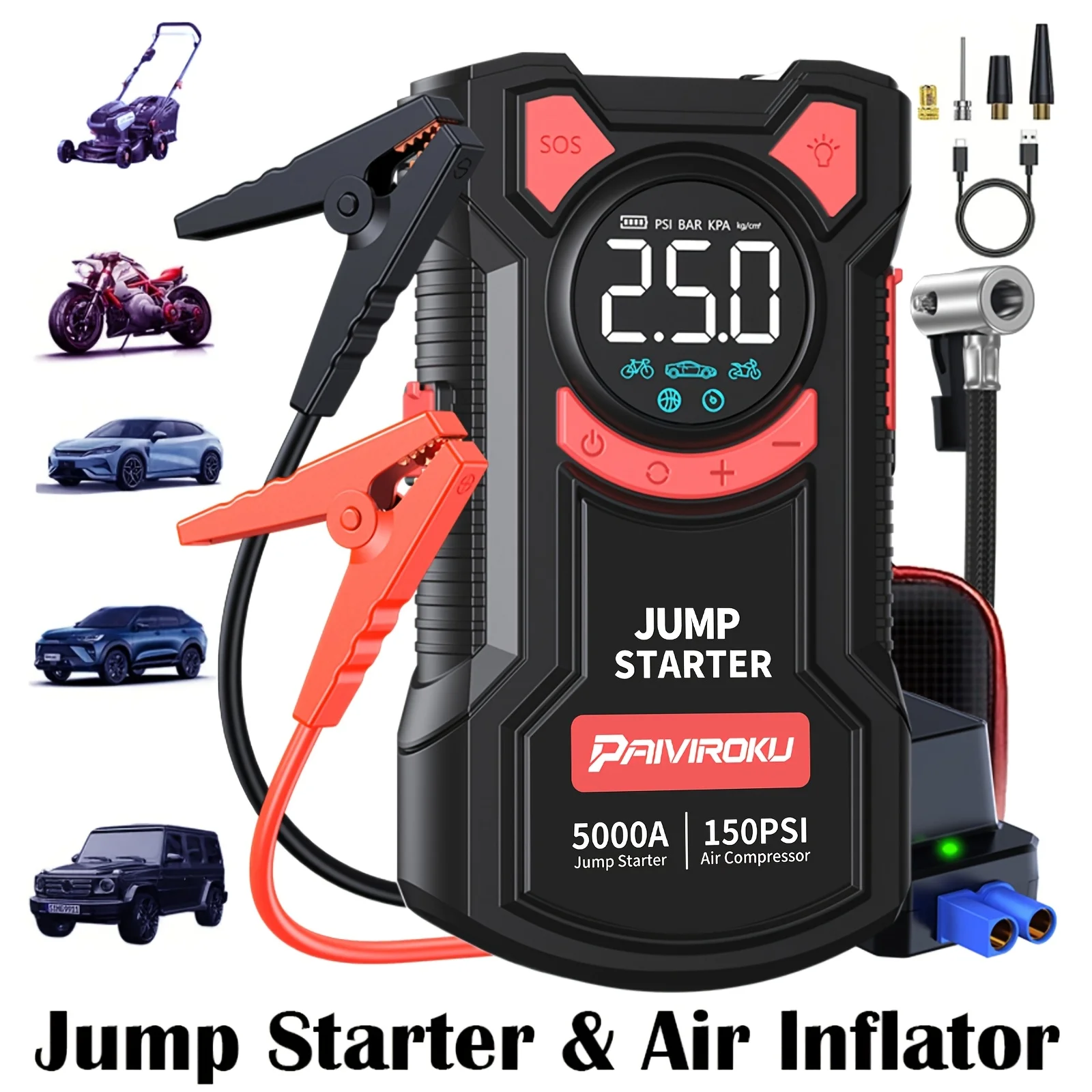 Jump Starter With Air Compressor, 5 In 1 Function Jump Box 5000A Peak 150PSI Jump Starter Battery Pack With Digital Tire Inflato
Jump Starter With Air Compressor, 5 In 1 Function Jump Box 5000A Peak 150PSI Jump Starter Battery Pack With Digital Tire Inflato