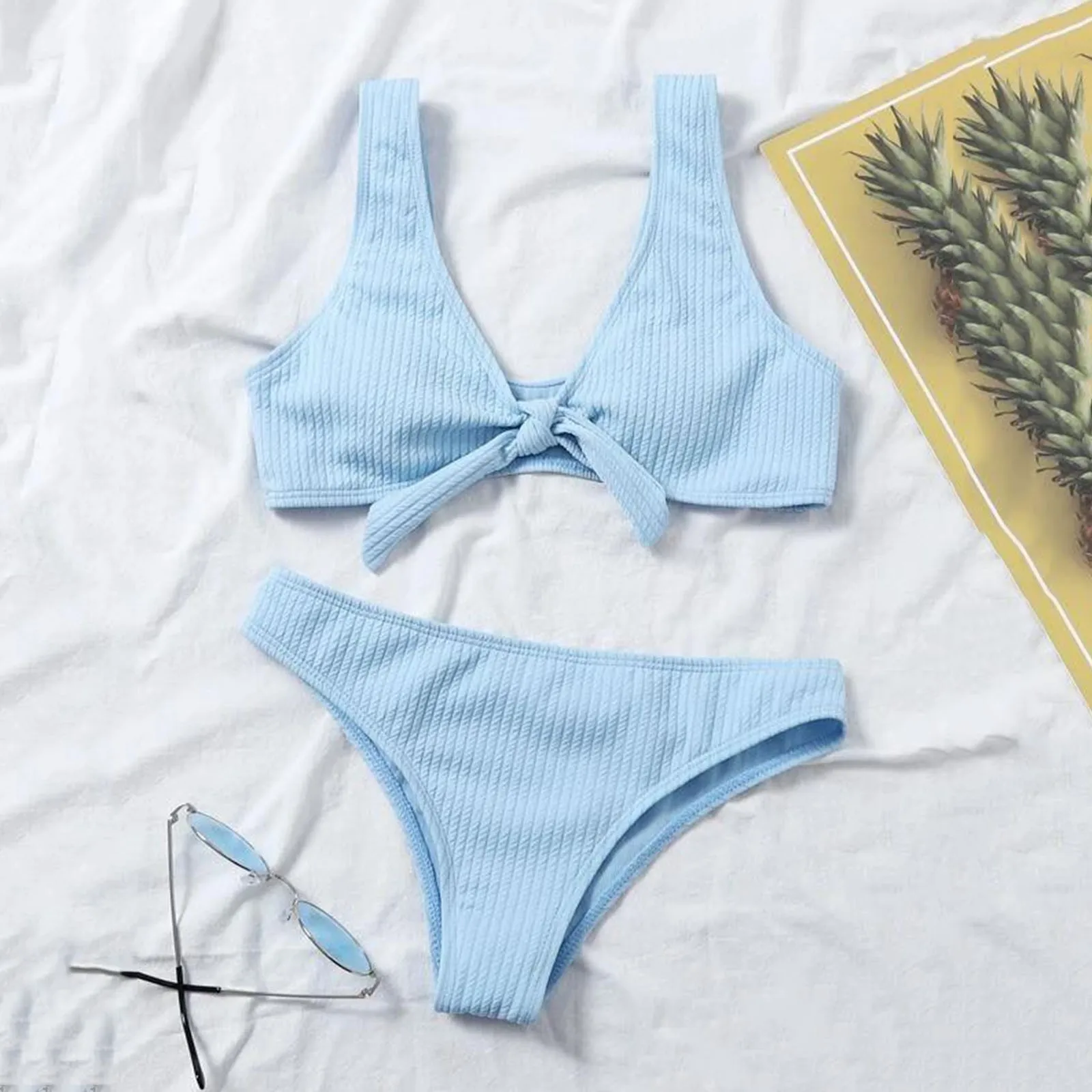 Sexy Lace-up Front Tie Bikini Set Women's Solid Two Piece Push Up Mid-Waist Beachwear For Holiday Vocation Swimwear
Sexy Lace-up Front Tie Bikini Set Women's Solid Two Piece Push Up Mid-Waist Beachwear For Holiday Vocation Swimwear