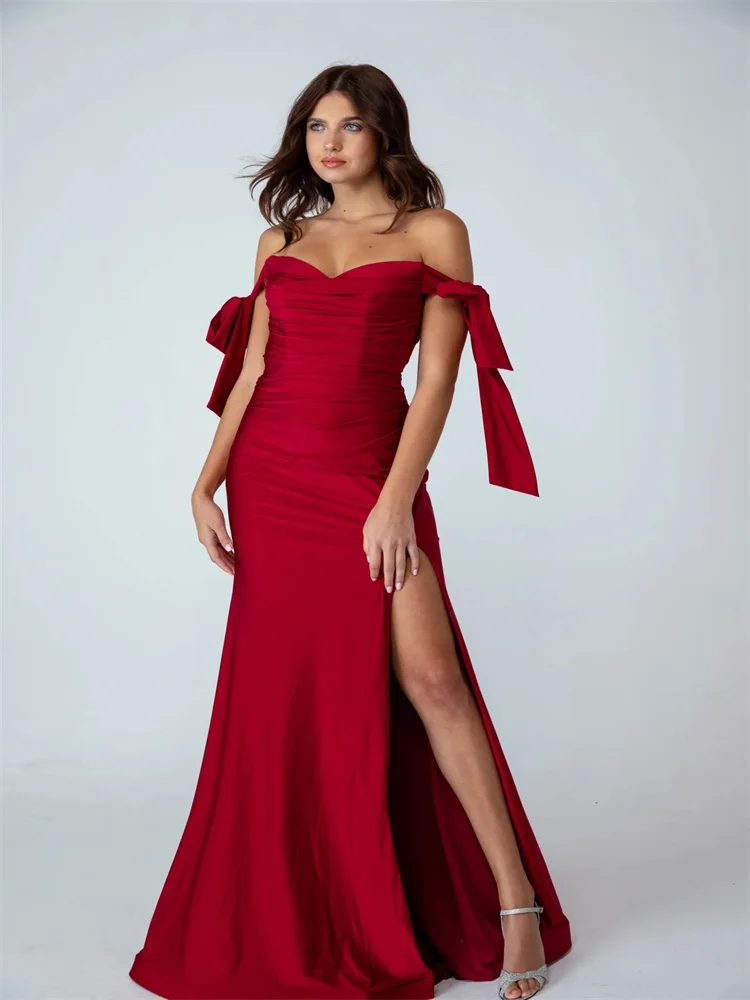 Customized Off Shoulder Neckline Ribbon Bow Sleeves Satin Evening Dress Sexy Open Back Zipper High Slit Sweep Train Party Gown
Customized Off Shoulder Neckline Ribbon Bow Sleeves Satin Evening Dress Sexy Open Back Zipper High Slit Sweep Train Party Gown