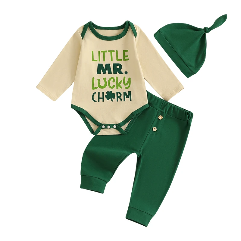 Baby Boy Irish Day Outfit Letter Shamrock Print Long Sleeve Rompers and Elastic Pants Hat Set 3 Piece Clothes
Baby Boy Irish Day Outfit Letter Shamrock Print Long Sleeve Rompers and Elastic Pants Hat Set 3 Piece Clothes