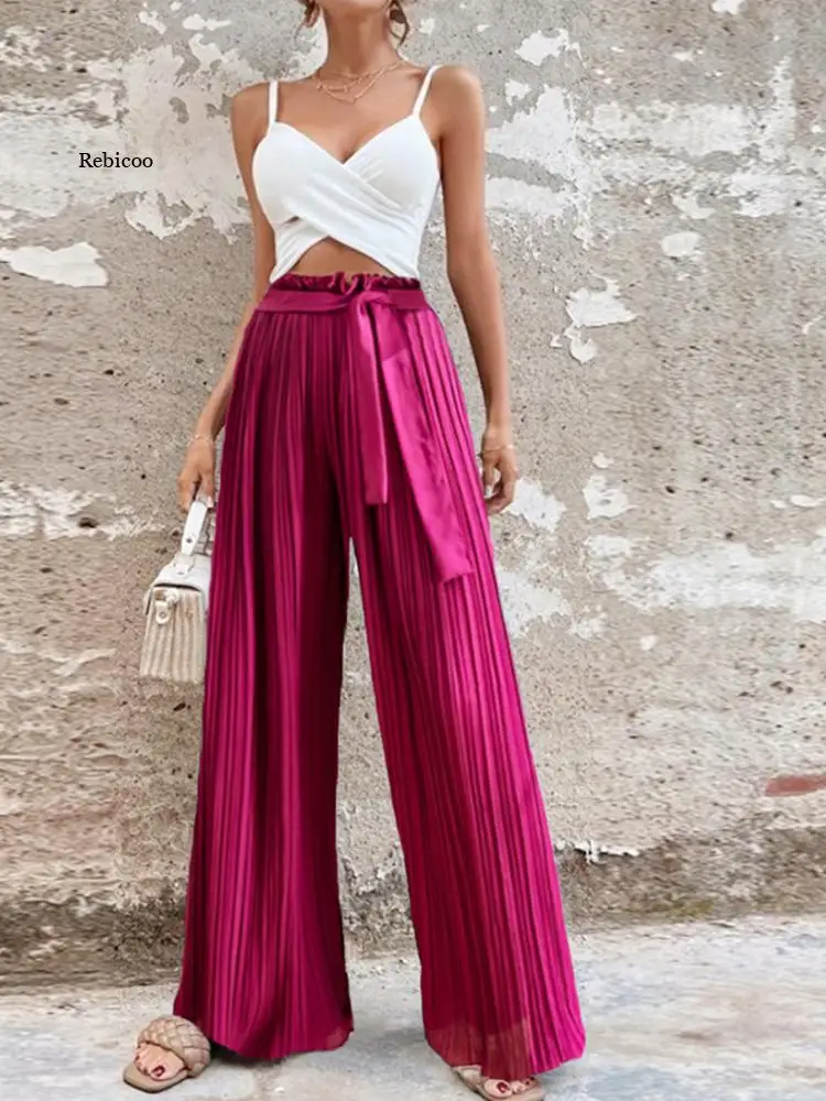 Fashion Pants Summer Wide Leg Long Trousers Women Casual Elegant Ladies Lace Up Straight Pleated Pants High Waist Loose Trousers
Fashion Pants Summer Wide Leg Long Trousers Women Casual Elegant Ladies Lace Up Straight Pleated Pants High Waist Loose Trousers