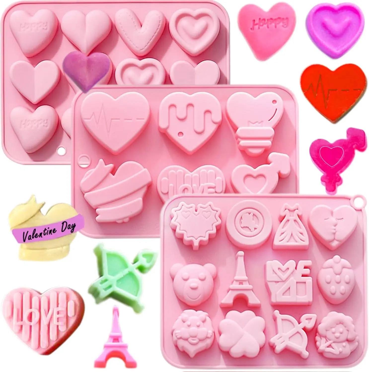 3 Pack Valentine's Day Silicone Mold Heart Molds Silicone Soap Molds for Chocolate Jelly Ice Cube Pudding Mousse Candy Cookie
3 Pack Valentine's Day Silicone Mold Heart Molds Silicone Soap Molds for Chocolate Jelly Ice Cube Pudding Mousse Candy Cookie