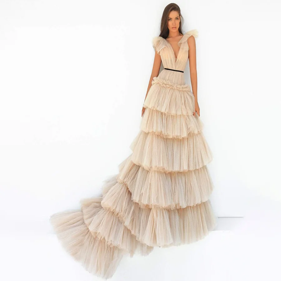 A-line Deep V Neck Both Front And Back 7 Layer Pleat Prom Dress Sleeveless Floor Length Evening Dresses With Tie
A-line Deep V Neck Both Front And Back 7 Layer Pleat Prom Dress Sleeveless Floor Length Evening Dresses With Tie