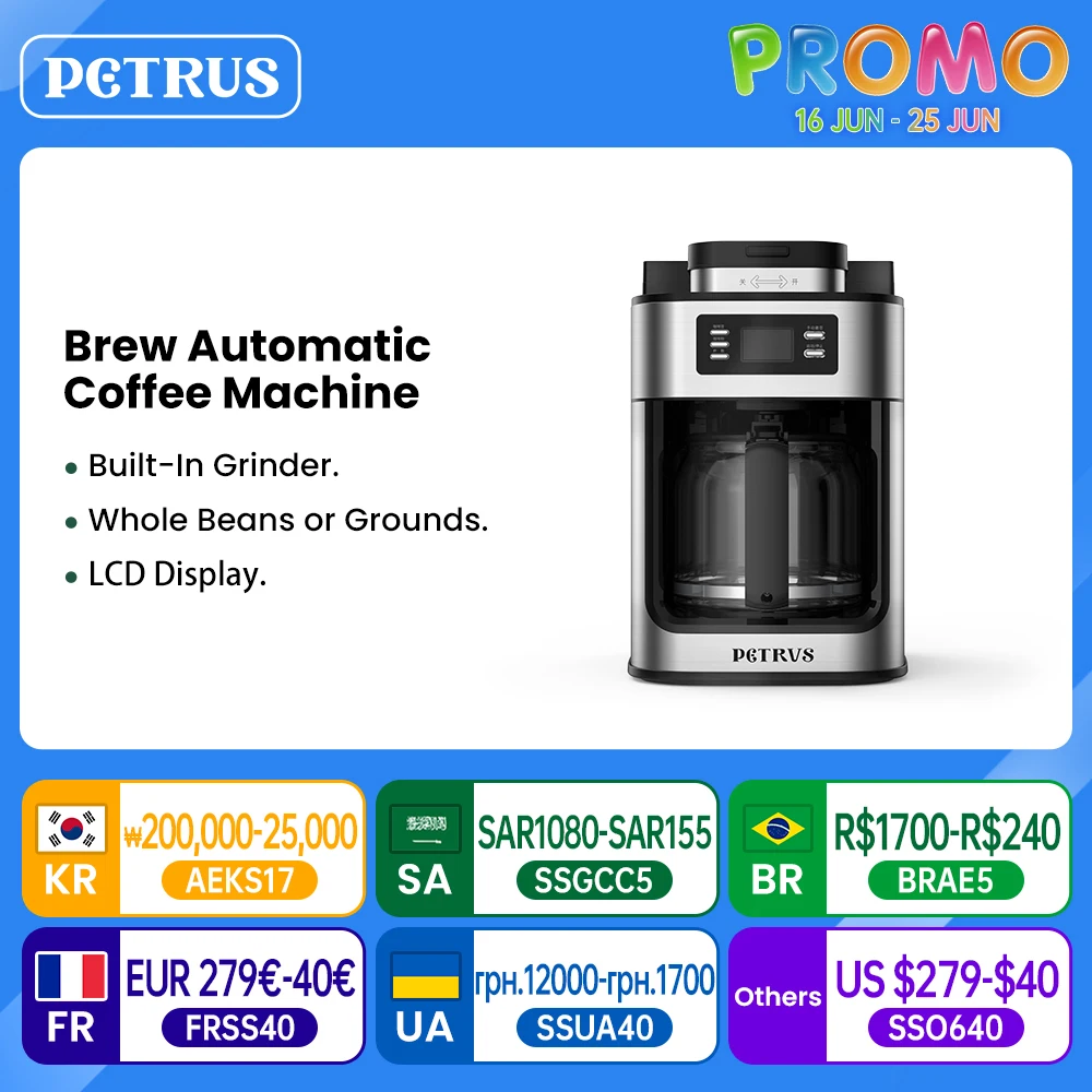 Petrus Automactic Coffee Machine Stainless Steel 10-cup Drip Coffee Maker Brew Coffee Machine With Built-In Grinder
Petrus Automactic Coffee Machine Stainless Steel 10-cup Drip Coffee Maker Brew Coffee Machine With Built-In Grinder
