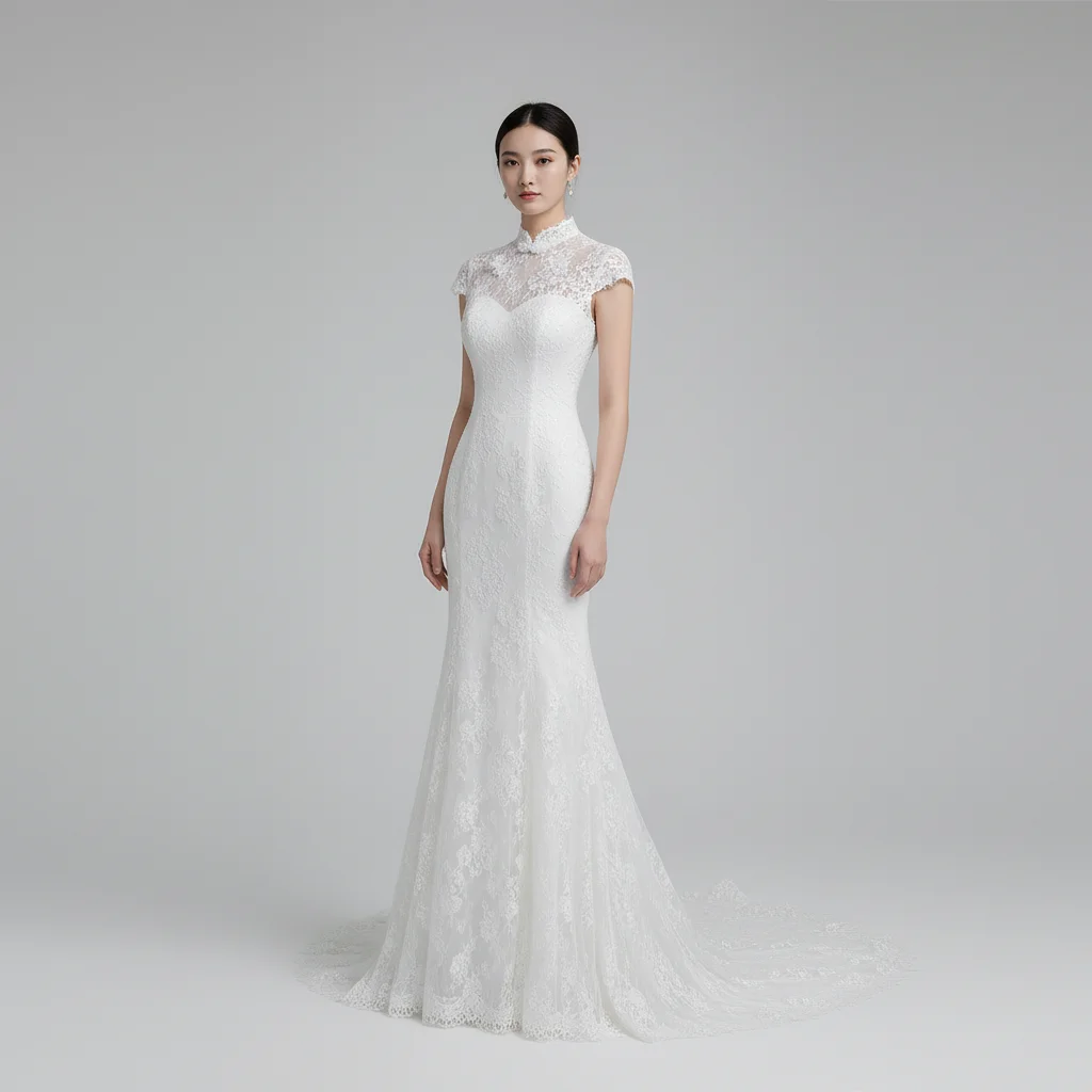 Chinese Cheongsam Wedding Dress White Lace Mermaid Gown Mandarin Collar Short Sleeve Bridal Gown Traditional Modern Bride Wear
Chinese Cheongsam Wedding Dress White Lace Mermaid Gown Mandarin Collar Short Sleeve Bridal Gown Traditional Modern Bride Wear