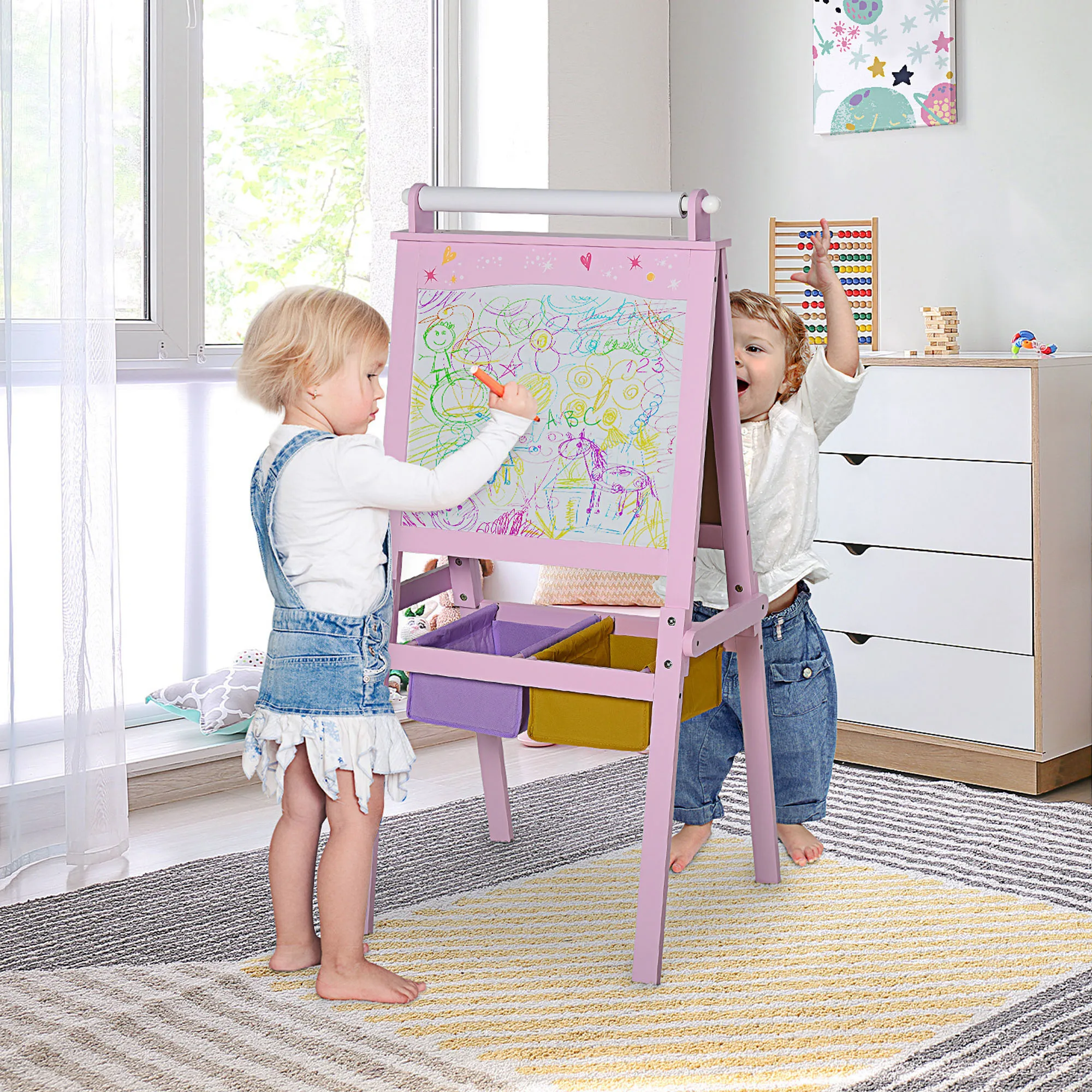 3 In 1 Kids Wooden Art Easel with Paper Roll, Double-Sided, Chalkboard & Whiteboard, Storage Baskets, Pink
3 In 1 Kids Wooden Art Easel with Paper Roll, Double-Sided, Chalkboard & Whiteboard, Storage Baskets, Pink