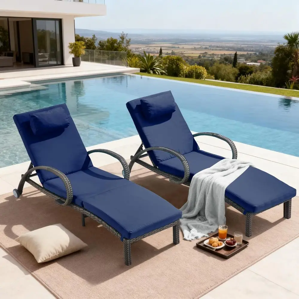 2-Piece Outdoor Pool Lounge Chair Set with 5-Position Adjustable Back, Wicker Patio Chairs on Wheels, Deep Blue
2-Piece Outdoor Pool Lounge Chair Set with 5-Position Adjustable Back, Wicker Patio Chairs on Wheels, Deep Blue