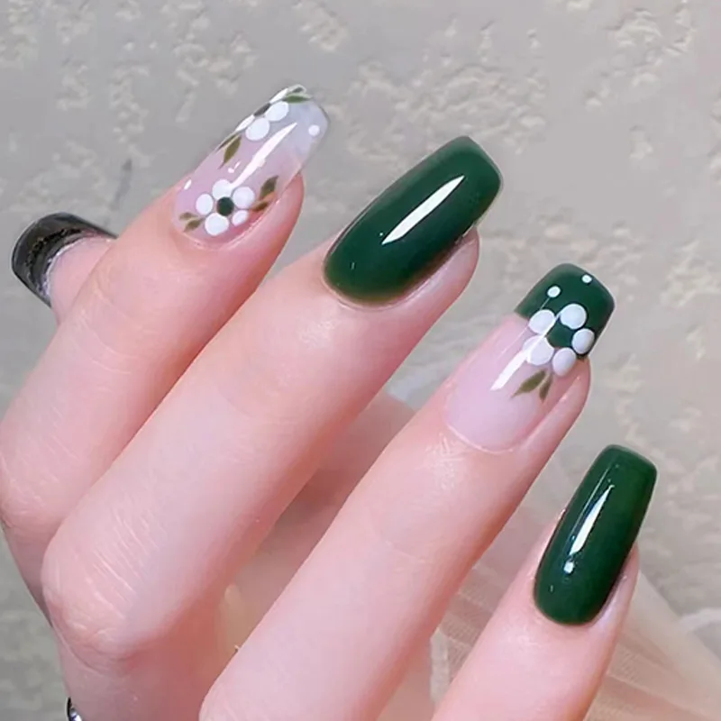 24Pcs Medium Coffin Press-on Nails: Deep Forest Green with Fresh Camellia Design - Elegant & Vintage
24Pcs Medium Coffin Press-on Nails: Deep Forest Green with Fresh Camellia Design - Elegant & Vintage