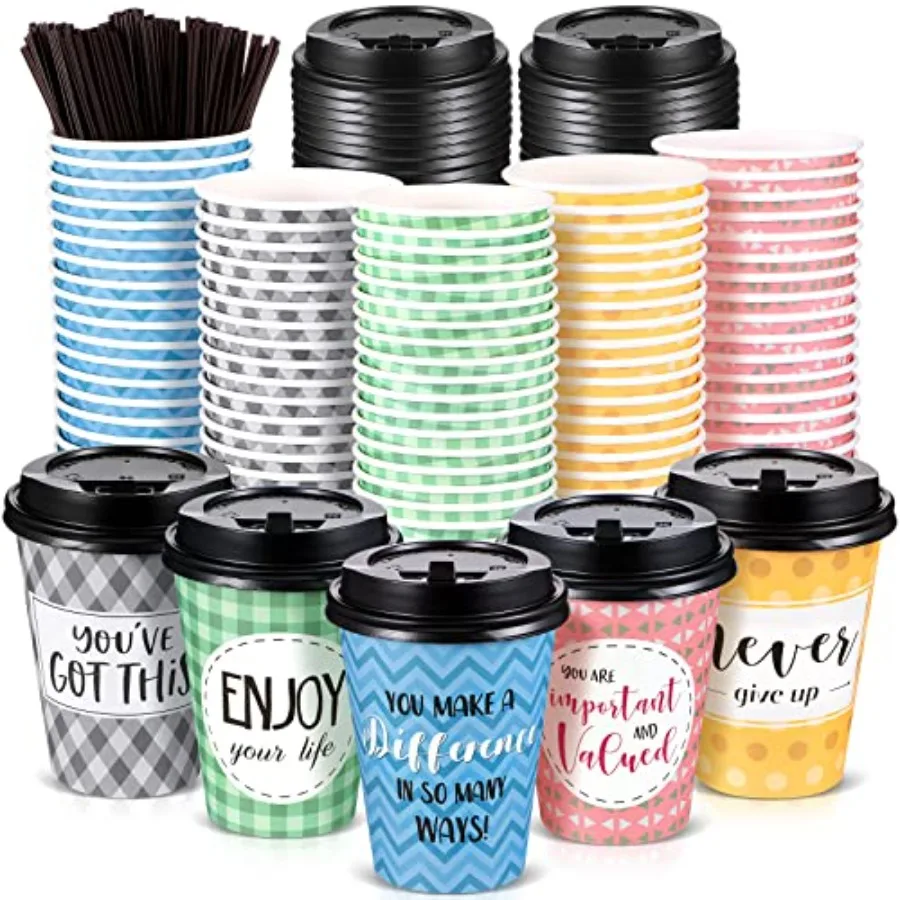Gerrii 100 Pack Disposable Coffee Cups with Lids and Straws, Motivational Paper Hot Cups with 6 Quotes and Designs for Water, J
Gerrii 100 Pack Disposable Coffee Cups with Lids and Straws, Motivational Paper Hot Cups with 6 Quotes and Designs for Water, J
