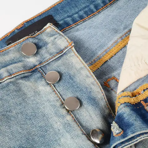Designer High Street Fashion New Light Blue Men's Jeans Stretch Slimming White Leather Patch Hip Hop Brand Pants HombreY2K