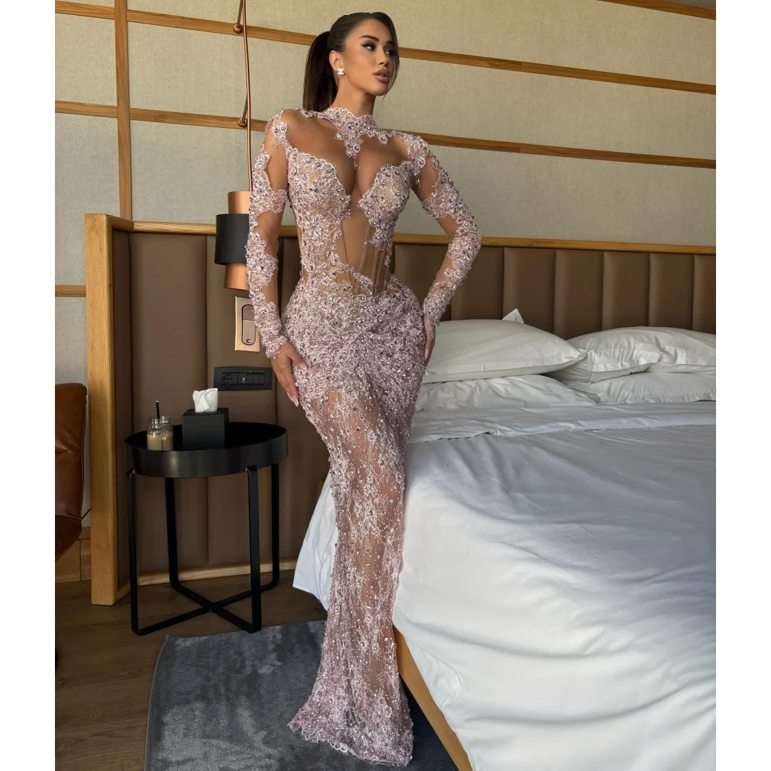 Exquisite Evening Dresses Lace Bodice Long Sleeves Prom Dress Rhinestones Luxury Party Gown Gala Vestidos Customized
Exquisite Evening Dresses Lace Bodice Long Sleeves Prom Dress Rhinestones Luxury Party Gown Gala Vestidos Customized