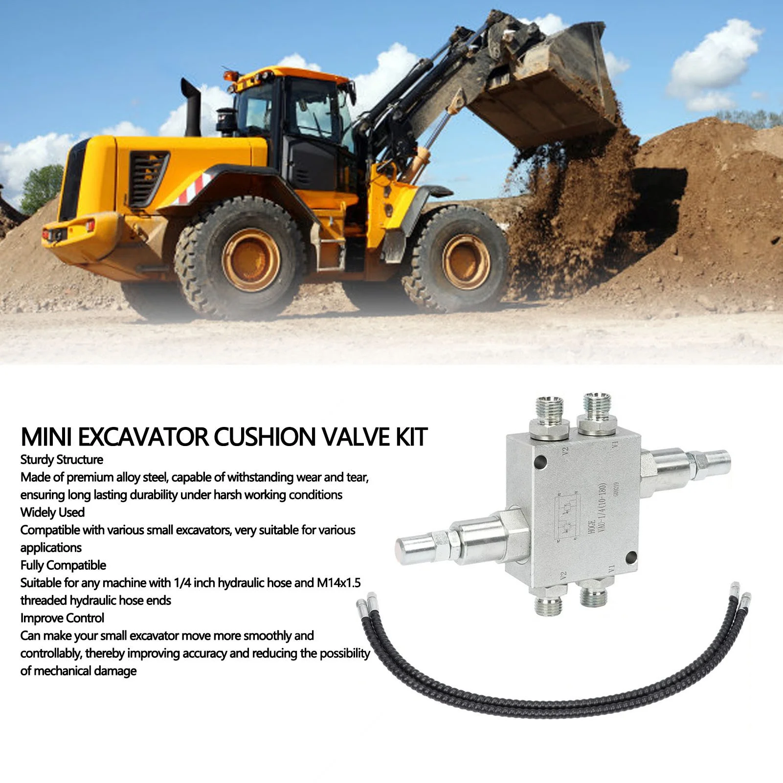 Mini Excavator Cushion Valve Kit for Mini Excavator with 1/4 Inch Hydraulic Hose and M14x1.5 Threaded Joint
Mini Excavator Cushion Valve Kit for Mini Excavator with 1/4 Inch Hydraulic Hose and M14x1.5 Threaded Joint