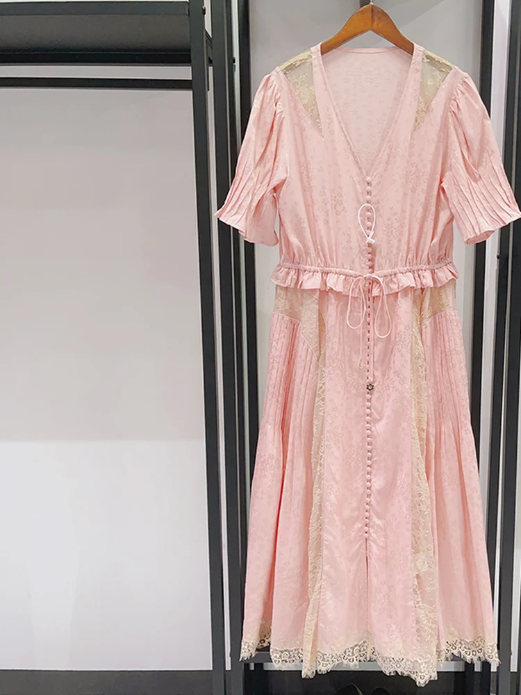 Summer 2026 Lace Patchwork Silk Satin Drawstring Waist V-neck Women's Dress French Style Loose Fit Fairy Skirt Short Sleeve
Summer 2026 Lace Patchwork Silk Satin Drawstring Waist V-neck Women's Dress French Style Loose Fit Fairy Skirt Short Sleeve