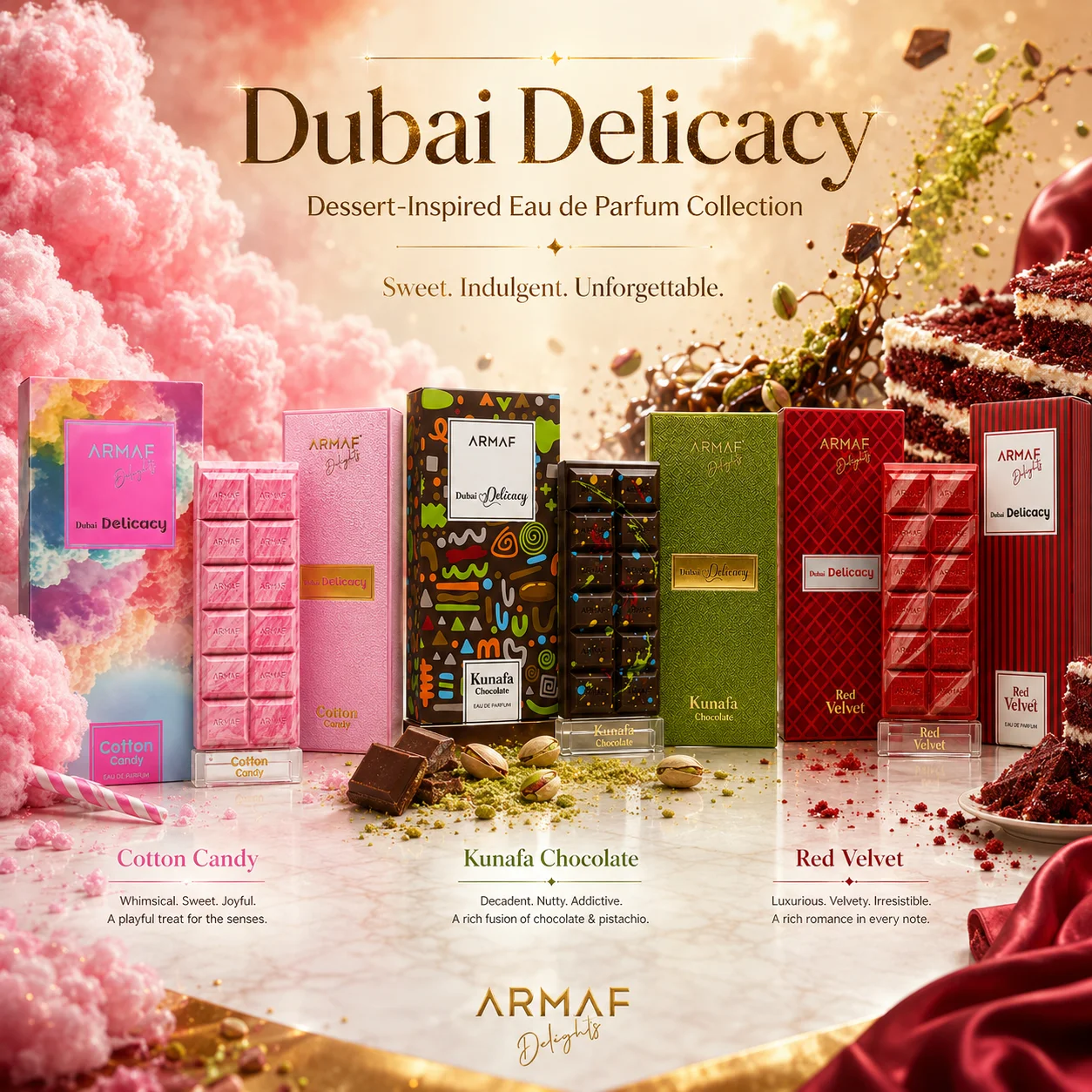 Dubai Delicacy Perfume Eau De Parfum Cotton Candy Kunafa Chocolate Red Velvet Long Lasting Sweet Gourmand Vanilla Chocolate Candy Fragrance Spray for Women Men Daily Wear Travel Gift
Dubai Delicacy Perfume Eau De Parfum Cotton Candy Kunafa Chocolate Red Velvet Long Lasting Sweet Gourmand Vanilla Chocolate Candy Fragrance Spray for Women Men Daily Wear Travel Gift