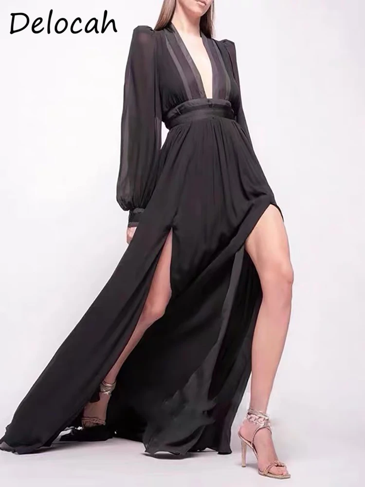 Delocah High Quality Autumn Women Fashion Runway Long Dress With Belt Sexy V-Neck Black Print Split Big Swing A-Line Dresses
Delocah High Quality Autumn Women Fashion Runway Long Dress With Belt Sexy V-Neck Black Print Split Big Swing A-Line Dresses