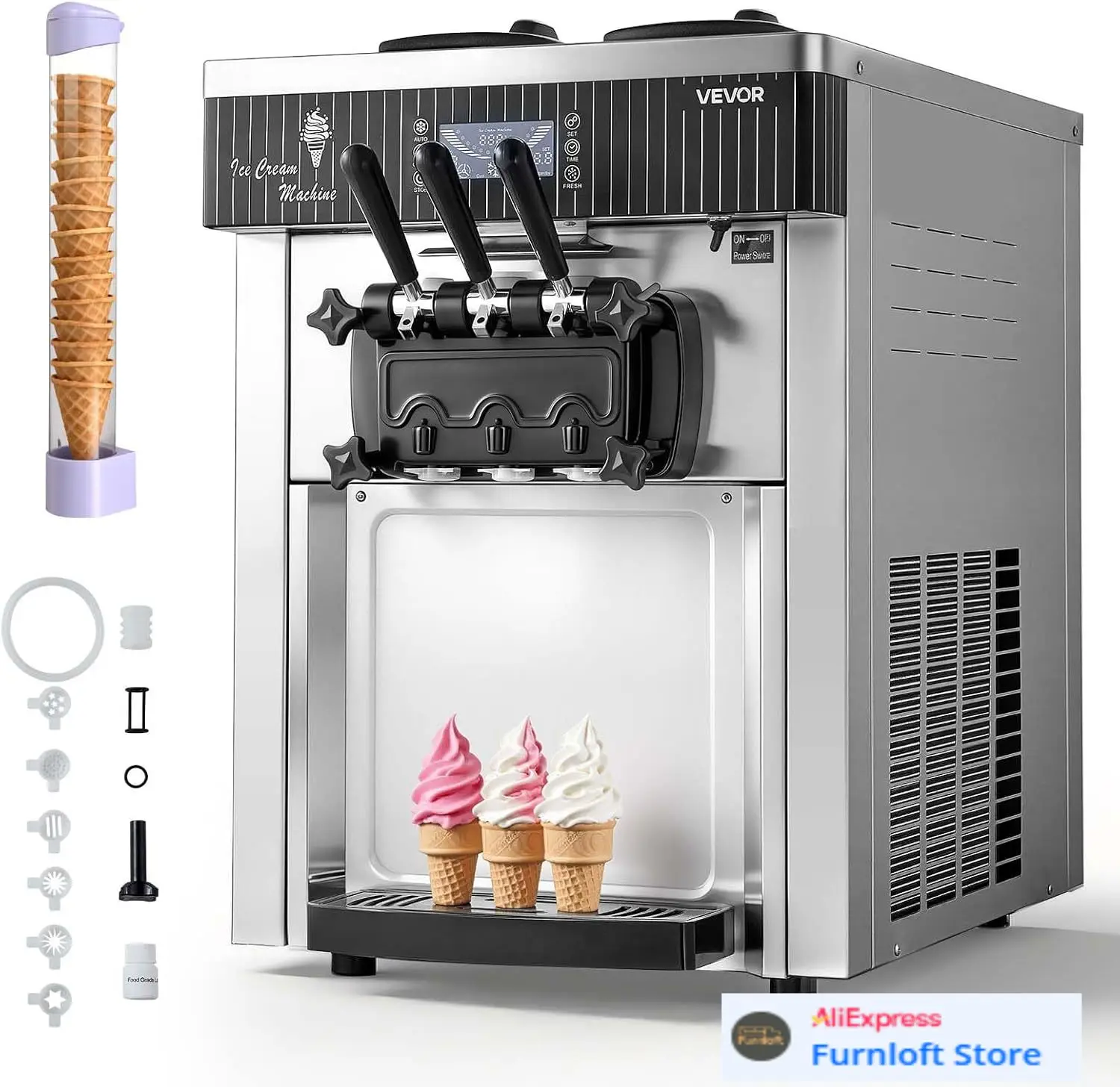 Commercial Ice Cream Machine, 20-28L/H Yield, 2200W 3-Flavor Countertop Soft Serve Ice Cream Maker with 2 x 6L Hoppers
Commercial Ice Cream Machine, 20-28L/H Yield, 2200W 3-Flavor Countertop Soft Serve Ice Cream Maker with 2 x 6L Hoppers