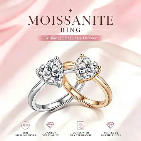 0.5-2.0 Carat Love Cut Moissanite Ring S925 Silver Luxury Wedding Party Banquet Gift for Women with GRA Certificate