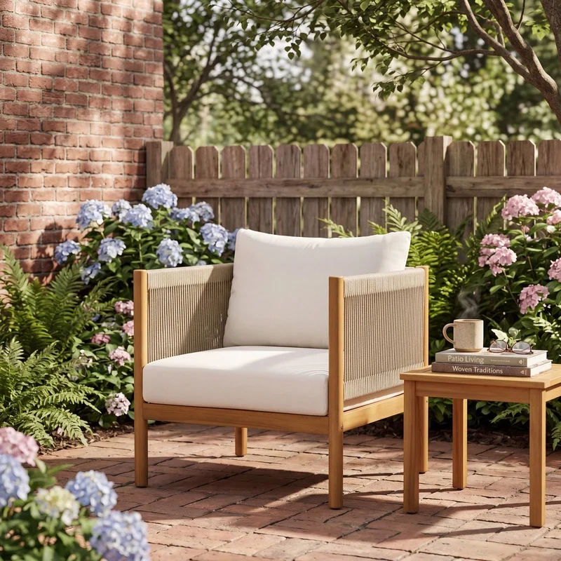 Outdoor Lounge Chair with Teak-Style Acacia Frame, Beige Rope Backrest, Cream Seat Cushion
Outdoor Lounge Chair with Teak-Style Acacia Frame, Beige Rope Backrest, Cream Seat Cushion