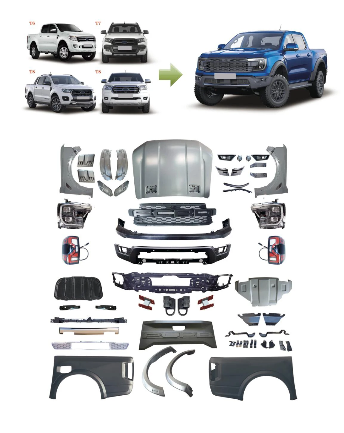 Upgraded And Modified Front Facelift Body Kit For Ford 2012-2021 RANGER T6 T7 T8 To 2022 RANGER RAPTOR BODY KTI
Upgraded And Modified Front Facelift Body Kit For Ford 2012-2021 RANGER T6 T7 T8 To 2022 RANGER RAPTOR BODY KTI