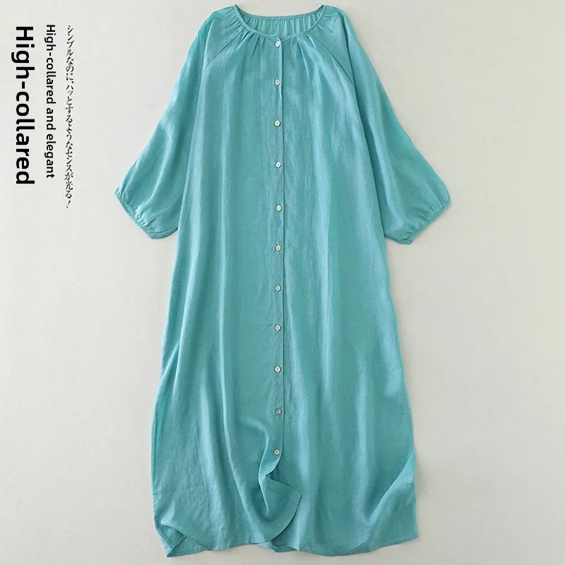 Elegant Vintage Blue Cotton Linen Loose Fit round Neck Single Button Dress mid Length Skirt for Women Anti Aging
Elegant Vintage Blue Cotton Linen Loose Fit round Neck Single Button Dress mid Length Skirt for Women Anti Aging