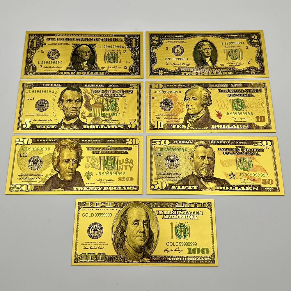 7PCS US Dollar Gold Banknotes 1 2 5 10 20 50 100 Bills Dollars Money Commemorative Notes Home Collection
7PCS US Dollar Gold Banknotes 1 2 5 10 20 50 100 Bills Dollars Money Commemorative Notes Home Collection