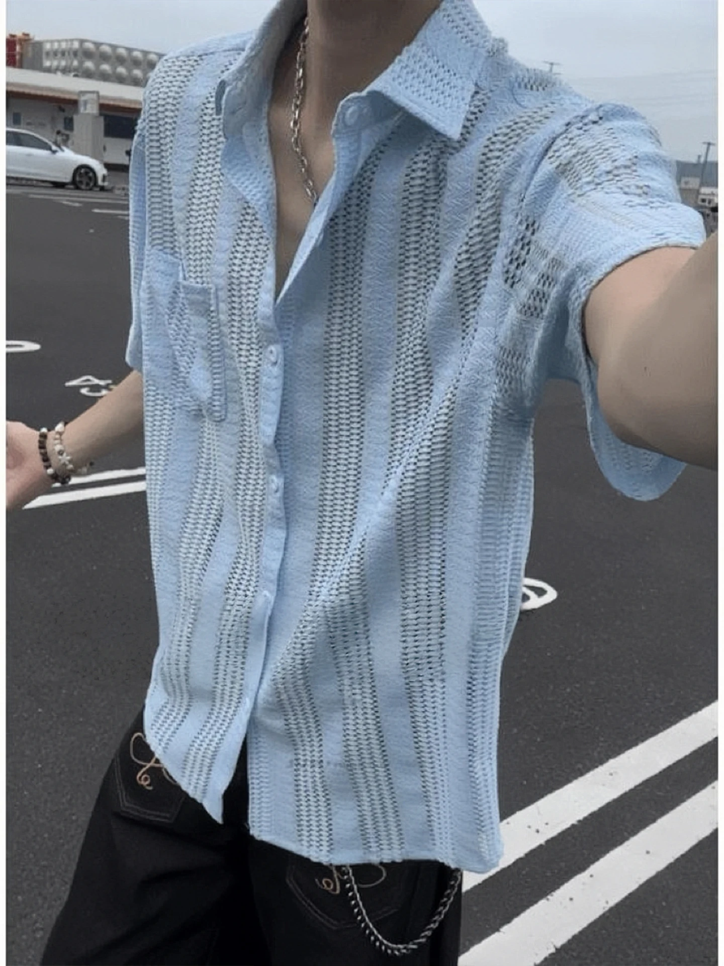 Lightweight Hollow out Short Sleeve Shirt Men's Summer Casual Striped Collar Shirt Lazy Style Outerwear Breathable Loose Fit
Lightweight Hollow out Short Sleeve Shirt Men's Summer Casual Striped Collar Shirt Lazy Style Outerwear Breathable Loose Fit