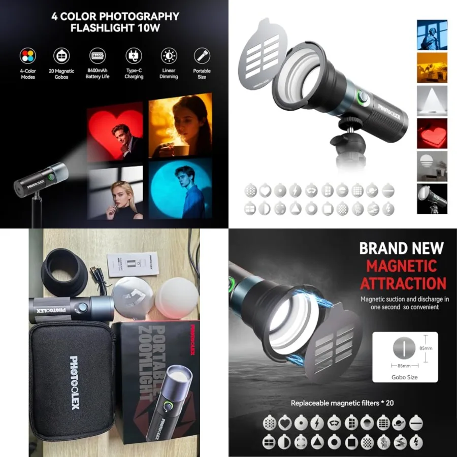 4 Colors Photography Flashlight with 20 Magnetic Pattern Gobos, 8400mAh Portable Spotlight, 10W LED Studio Light for Photo, Con
4 Colors Photography Flashlight with 20 Magnetic Pattern Gobos, 8400mAh Portable Spotlight, 10W LED Studio Light for Photo, Con