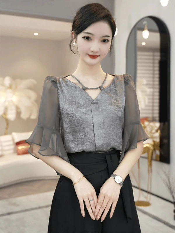 Ele ey ort Sve irt Women's Unique Sli Top Slimming Korean Sle V-Ne Regular Length Summer New Arrival
Ele ey ort Sve irt Women's Unique Sli Top Slimming Korean Sle V-Ne Regular Length Summer New Arrival