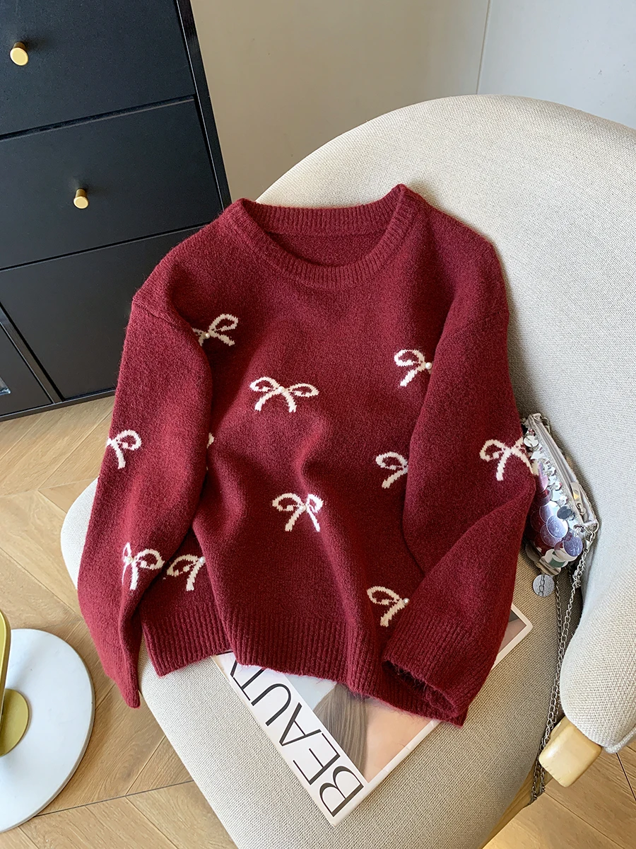 Sweet Hot Girl Bow Red Sweater Women's Autumn/Winter O-neck Loose Thick Long-sleeved Knitted Pullover Fashion Female Clothes
Sweet Hot Girl Bow Red Sweater Women's Autumn/Winter O-neck Loose Thick Long-sleeved Knitted Pullover Fashion Female Clothes