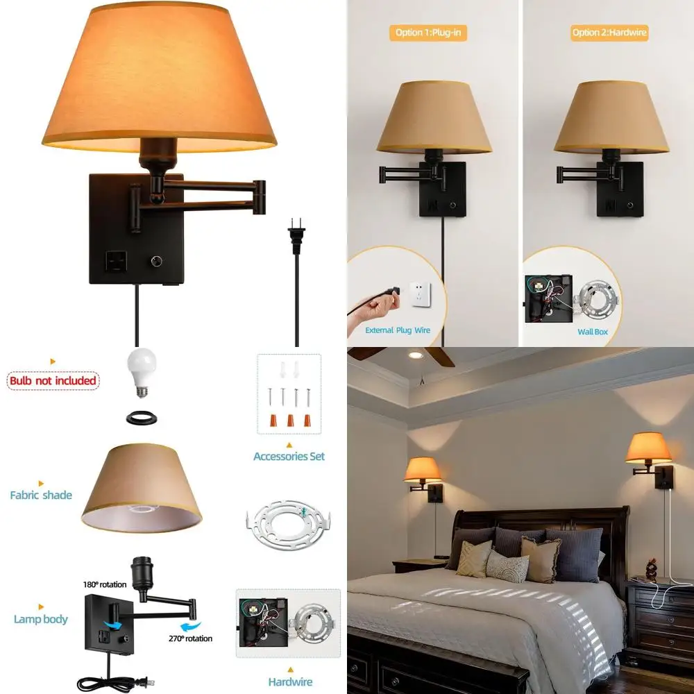 Dimmable Fabric Shade Wall Sconce with USB Port, Black & Gold for Bedroom and Living Room
Dimmable Fabric Shade Wall Sconce with USB Port, Black & Gold for Bedroom and Living Room