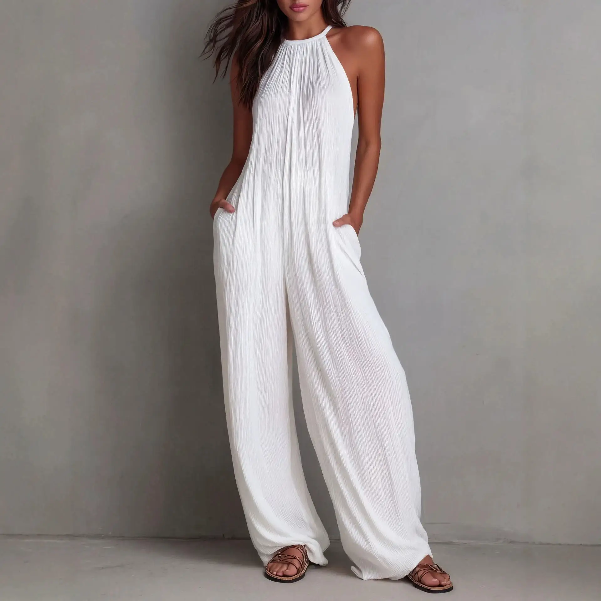 White Folded Back Wide Leg Jumpsuit Holiday Style Women's One-Piece Suiting Low Waist Long Pants Other Style Spring 2026
White Folded Back Wide Leg Jumpsuit Holiday Style Women's One-Piece Suiting Low Waist Long Pants Other Style Spring 2026