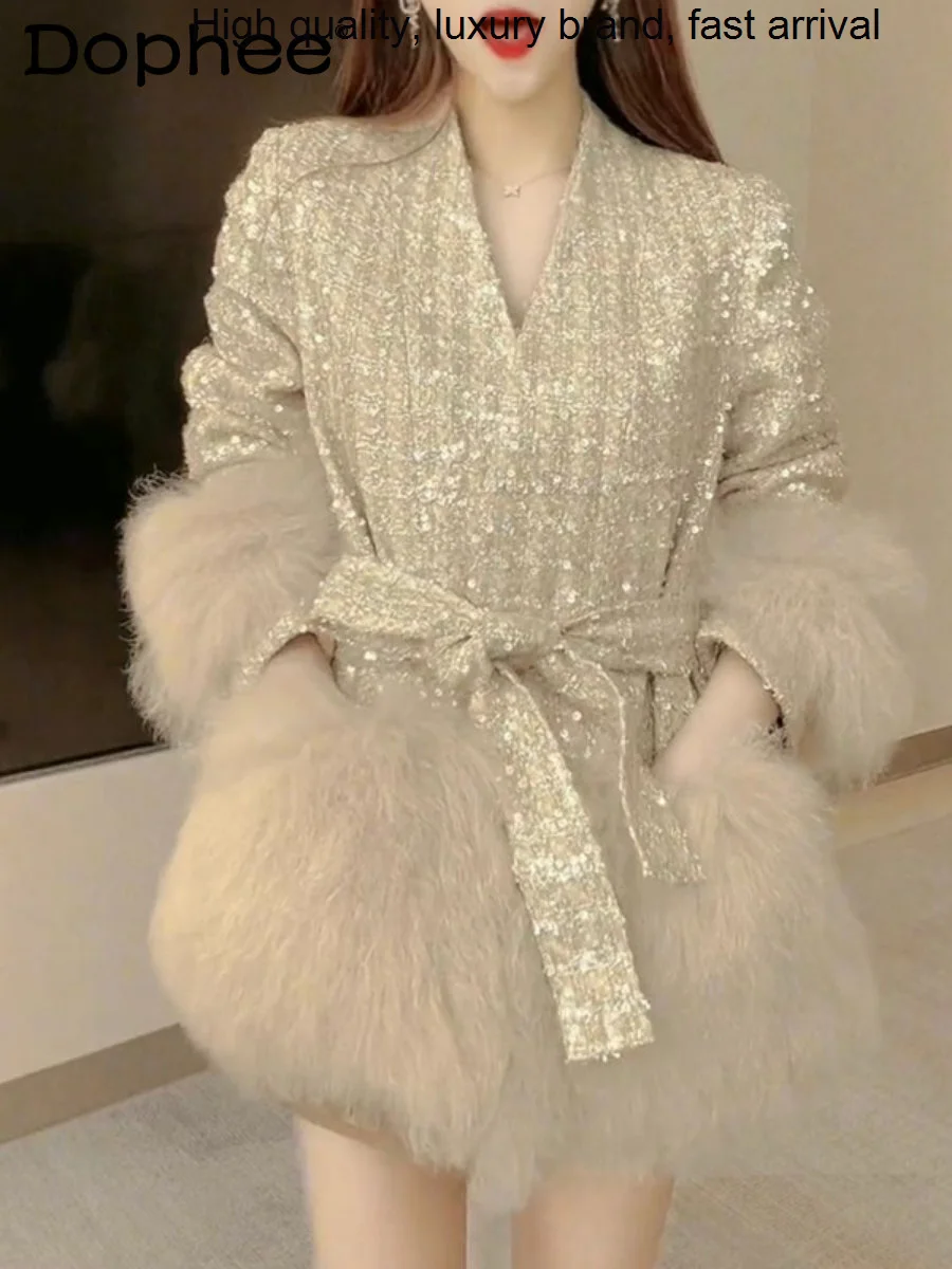Fashion 2023 Korean Autumn Winter Clothes Temperament V-neck Gold Sequined Woven Stitching Belt Waist Luxury Fur Coat for Women
Fashion 2023 Korean Autumn Winter Clothes Temperament V-neck Gold Sequined Woven Stitching Belt Waist Luxury Fur Coat for Women