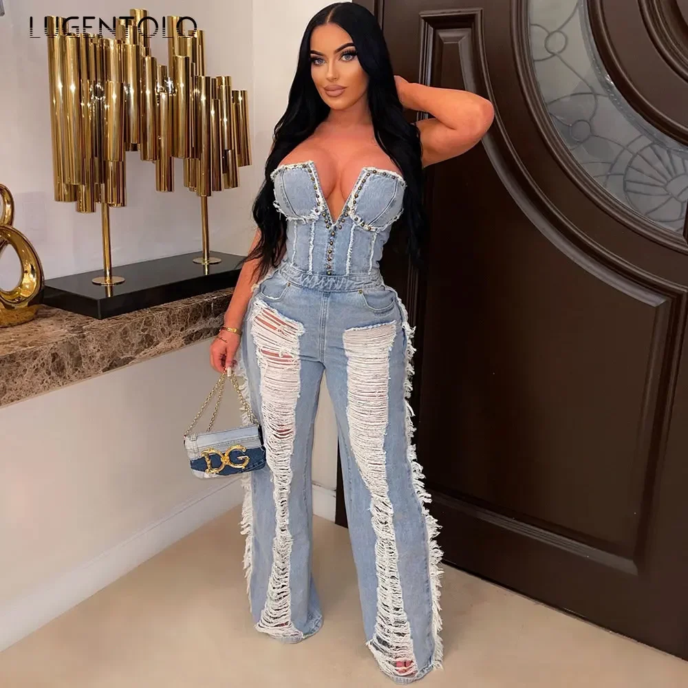 Women Denim Hole Jumpsuit Tassel Sexy Tube Top Slim High Waist Off The Shoulder V-Neck Rivet Club Party 2023 New Straight-leg
Women Denim Hole Jumpsuit Tassel Sexy Tube Top Slim High Waist Off The Shoulder V-Neck Rivet Club Party 2023 New Straight-leg