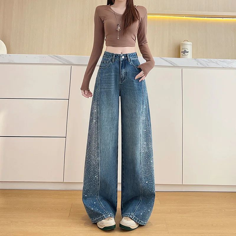 Women's Rhinestone Jeans Fashion Spliced Denim Wide Leg Pants New Spring Autumn Mid Waist Loose Fit Straight Trousers
Women's Rhinestone Jeans Fashion Spliced Denim Wide Leg Pants New Spring Autumn Mid Waist Loose Fit Straight Trousers