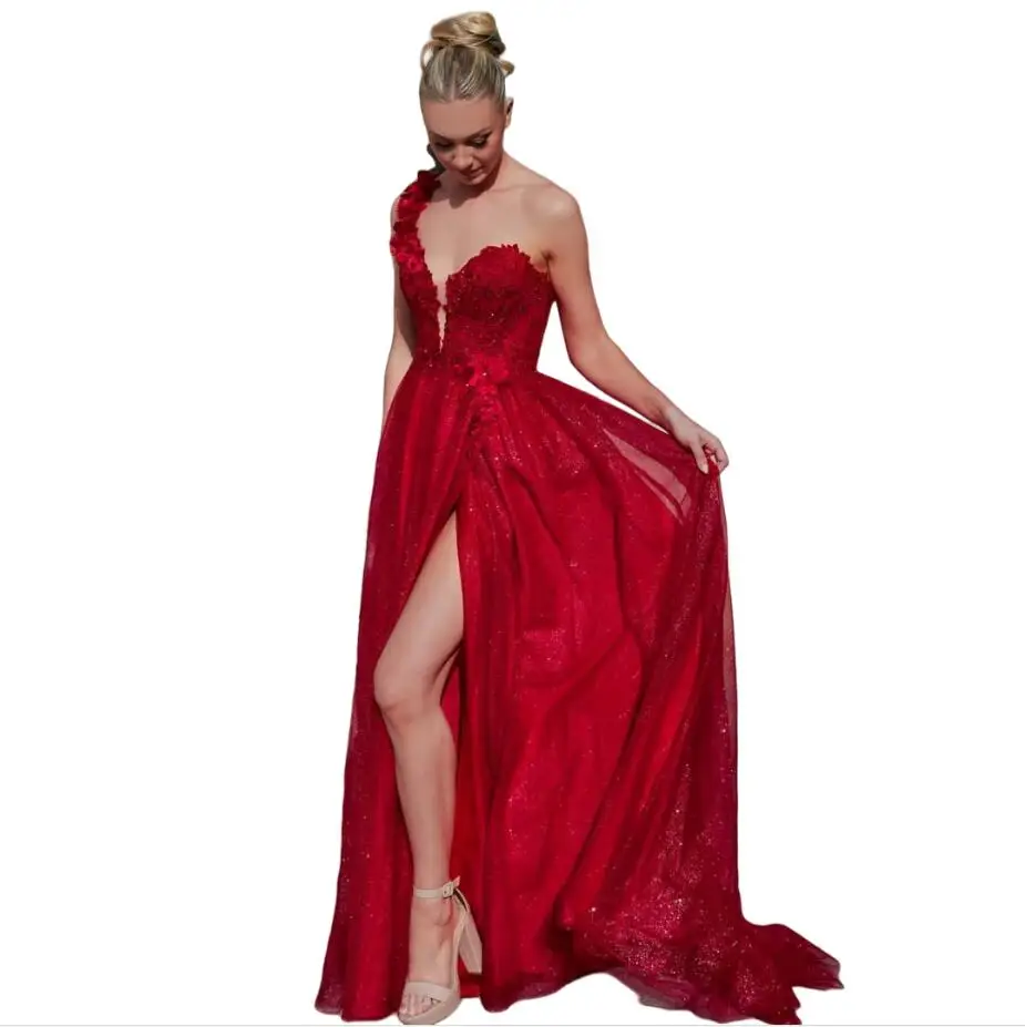Red Glitter Evening Dresses A Line Lace Appliqued Maxi Gown With Slit One Shoulder Shiny vestido de novia Customized
Red Glitter Evening Dresses A Line Lace Appliqued Maxi Gown With Slit One Shoulder Shiny vestido de novia Customized