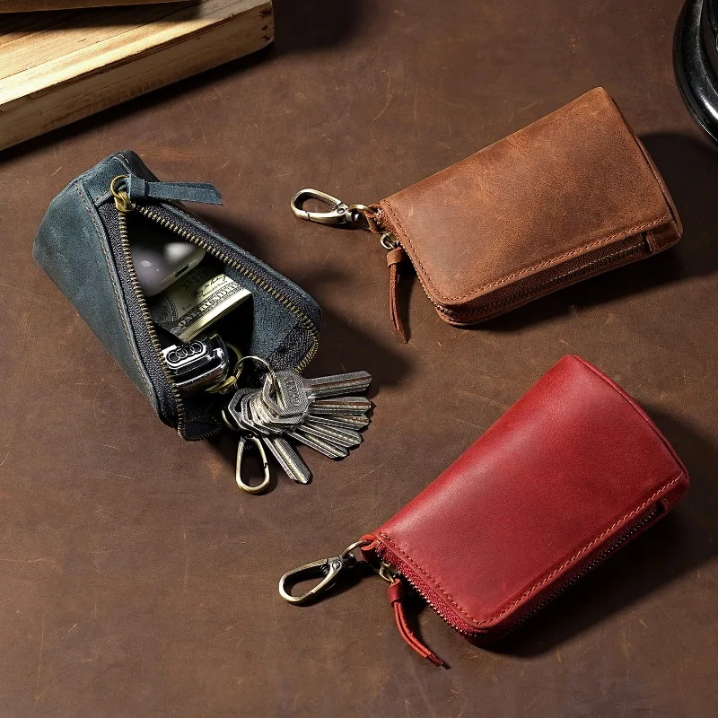 Men Crazy Horse Leather Car Key Fob Case, Vintage Bucket Zipper Key Holder, Protective Organizer for Remote Keys & House Keys
Men Crazy Horse Leather Car Key Fob Case, Vintage Bucket Zipper Key Holder, Protective Organizer for Remote Keys & House Keys