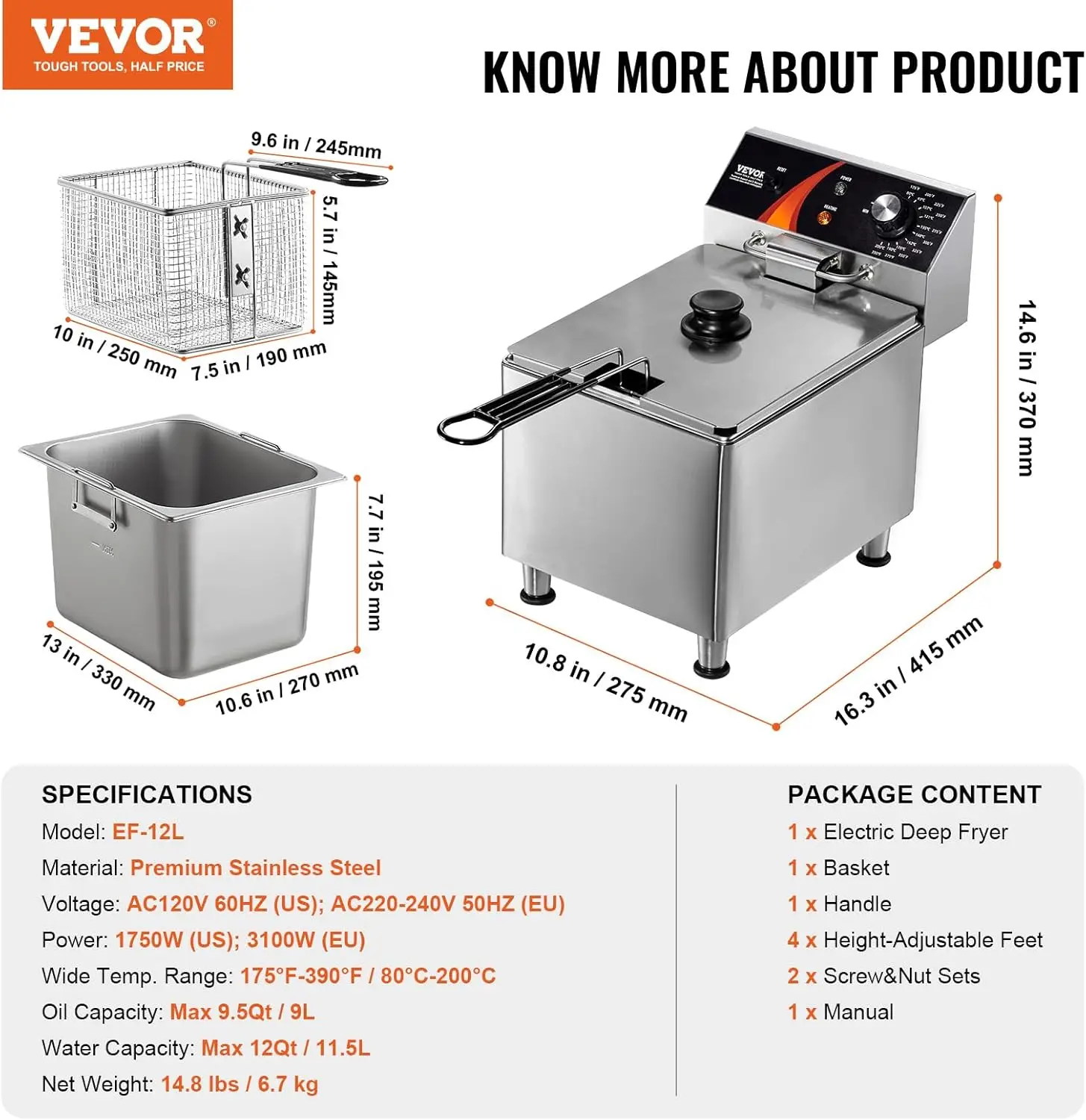1750W Stainless Steel Deep Fryer, 12Qt Countertop Model with Adjustable Basket and Feet
1750W Stainless Steel Deep Fryer, 12Qt Countertop Model with Adjustable Basket and Feet