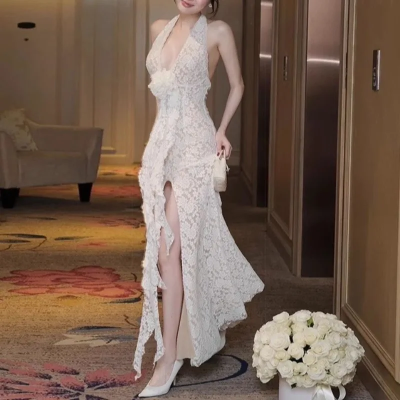 White Lace Halter Backless Dress Women Elegant Sleeveless Streetwear Holiday Party Birthday Split Vestidos Bodycon Chic Clothing
White Lace Halter Backless Dress Women Elegant Sleeveless Streetwear Holiday Party Birthday Split Vestidos Bodycon Chic Clothing