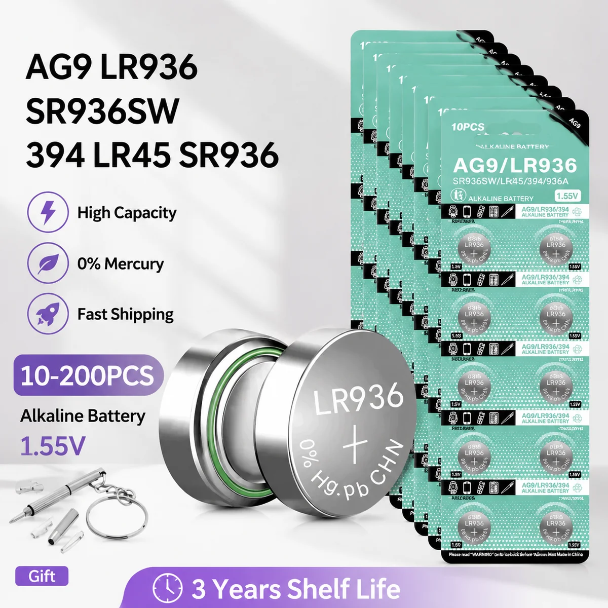 Alkaline Button Cell Battery AG9 LR936 1.5V 10-200PCS, SR936SW 394 394A L936F Replacement For Watch Calculator Thermometer Toy
Alkaline Button Cell Battery AG9 LR936 1.5V 10-200PCS, SR936SW 394 394A L936F Replacement For Watch Calculator Thermometer Toy