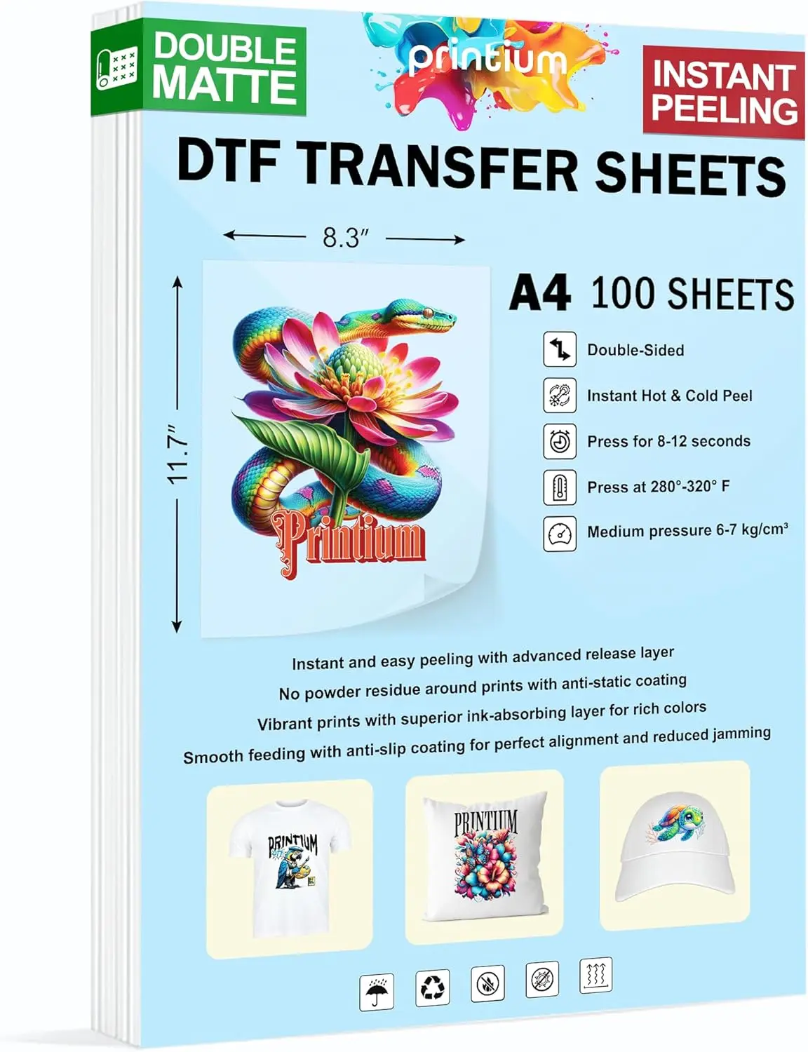DTF Transfer Film Sheets A4 - 100 Pack Premium Double Matte Anti-Static for Vibrant Colors & Durable Prints on All Fabrics with
DTF Transfer Film Sheets A4 - 100 Pack Premium Double Matte Anti-Static for Vibrant Colors & Durable Prints on All Fabrics with