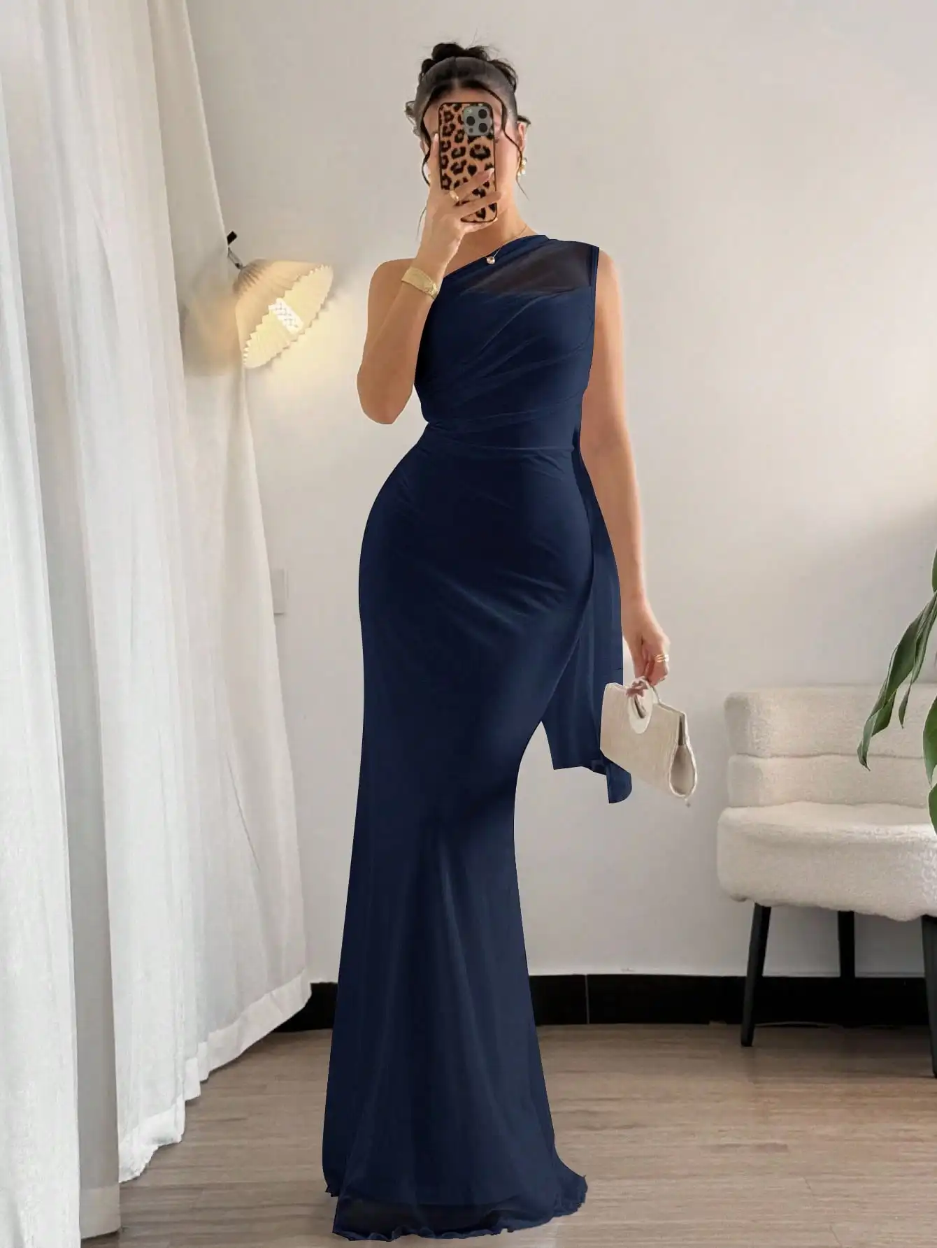 Blue One-Shoulder Draped Maxi Dress With Sheer Insert And High Slit For Formal Events, Wedding Guest, Prom, Spring Summer
Blue One-Shoulder Draped Maxi Dress With Sheer Insert And High Slit For Formal Events, Wedding Guest, Prom, Spring Summer