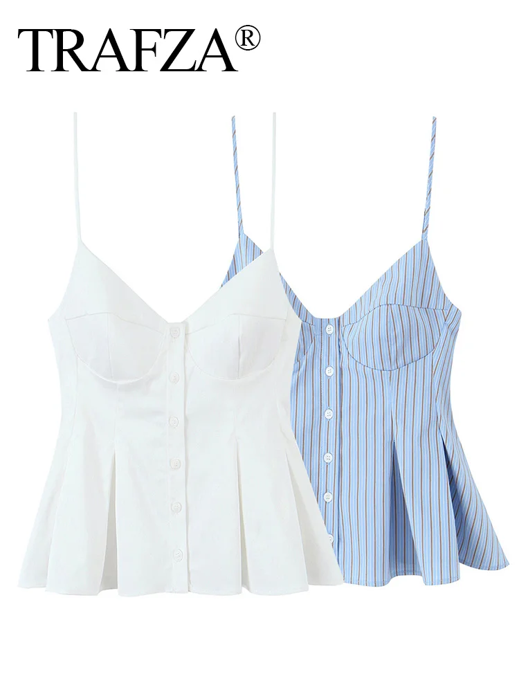 TRAFZA Women V-Neck Sleeveless Striped Mini Top 2025 Woman Summer Slim High Street Short Dress Pleated Button Decoration Top
TRAFZA Women V-Neck Sleeveless Striped Mini Top 2025 Woman Summer Slim High Street Short Dress Pleated Button Decoration Top
