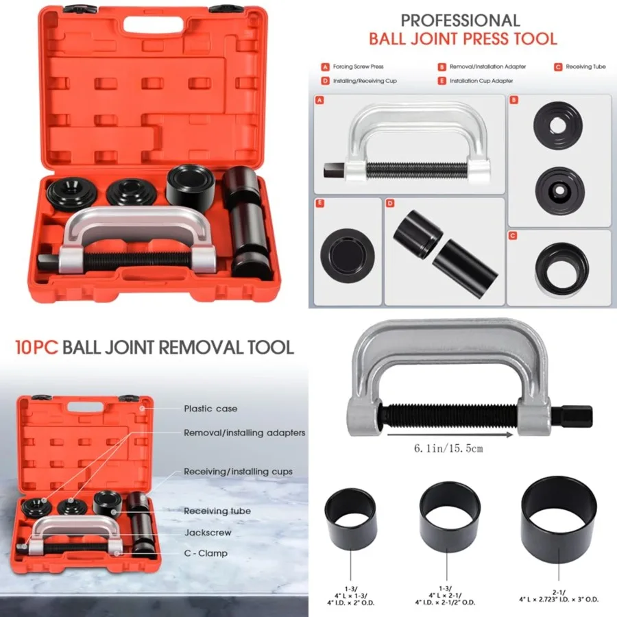 Ball Joint Press Kit Heavy Duty 4x4, Ball Joint Removal Tool Kit for Most 2WD 4WD Cars and Light Trucks, 10pc Ball Joint Installer and Remover Tool
Ball Joint Press Kit Heavy Duty 4x4, Ball Joint Removal Tool Kit for Most 2WD 4WD Cars and Light Trucks, 10pc Ball Joint Installer and Remover Tool