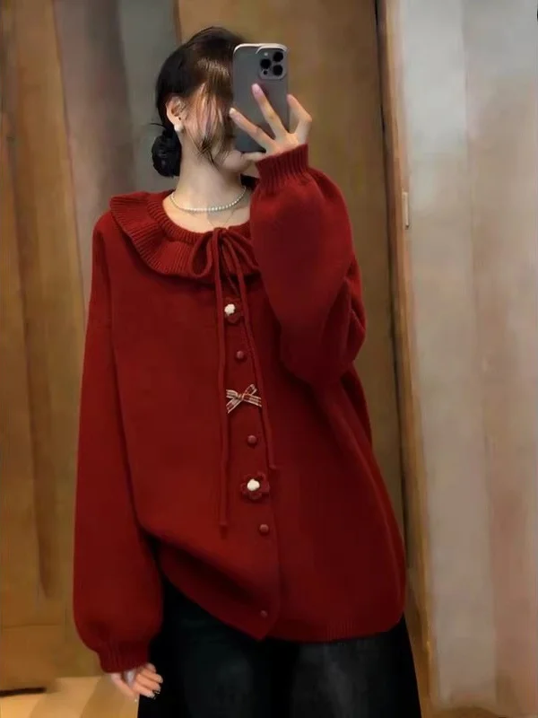 Red Ruffle Collar Doll Neck Shoulder Length Knitted Cardigan Women's Outerwear Spring New plus Size Medium Length Knit Open C...
Red Ruffle Collar Doll Neck Shoulder Length Knitted Cardigan Women's Outerwear Spring New plus Size Medium Length Knit Open C...