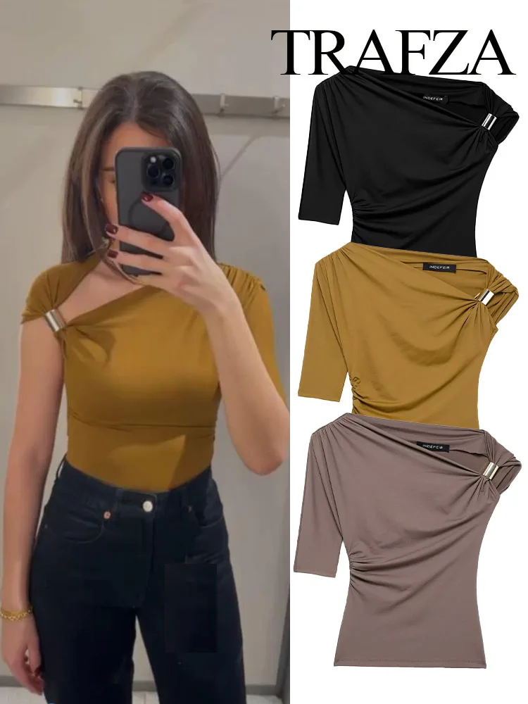 TRAFZA Women's Spring New Asymmetrical Slim Metal Button Nylon Simple Top Female Fashion Vintage Pullover Short Sleeve Top Mujer
TRAFZA Women's Spring New Asymmetrical Slim Metal Button Nylon Simple Top Female Fashion Vintage Pullover Short Sleeve Top Mujer