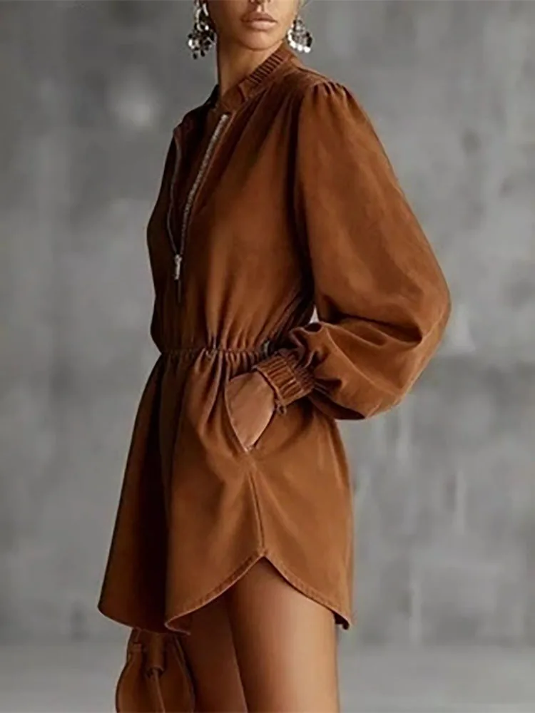 High end retro style suede early spring new dress imitating suede leather feeling half zipper waist waist long sleeved dress
High end retro style suede early spring new dress imitating suede leather feeling half zipper waist waist long sleeved dress