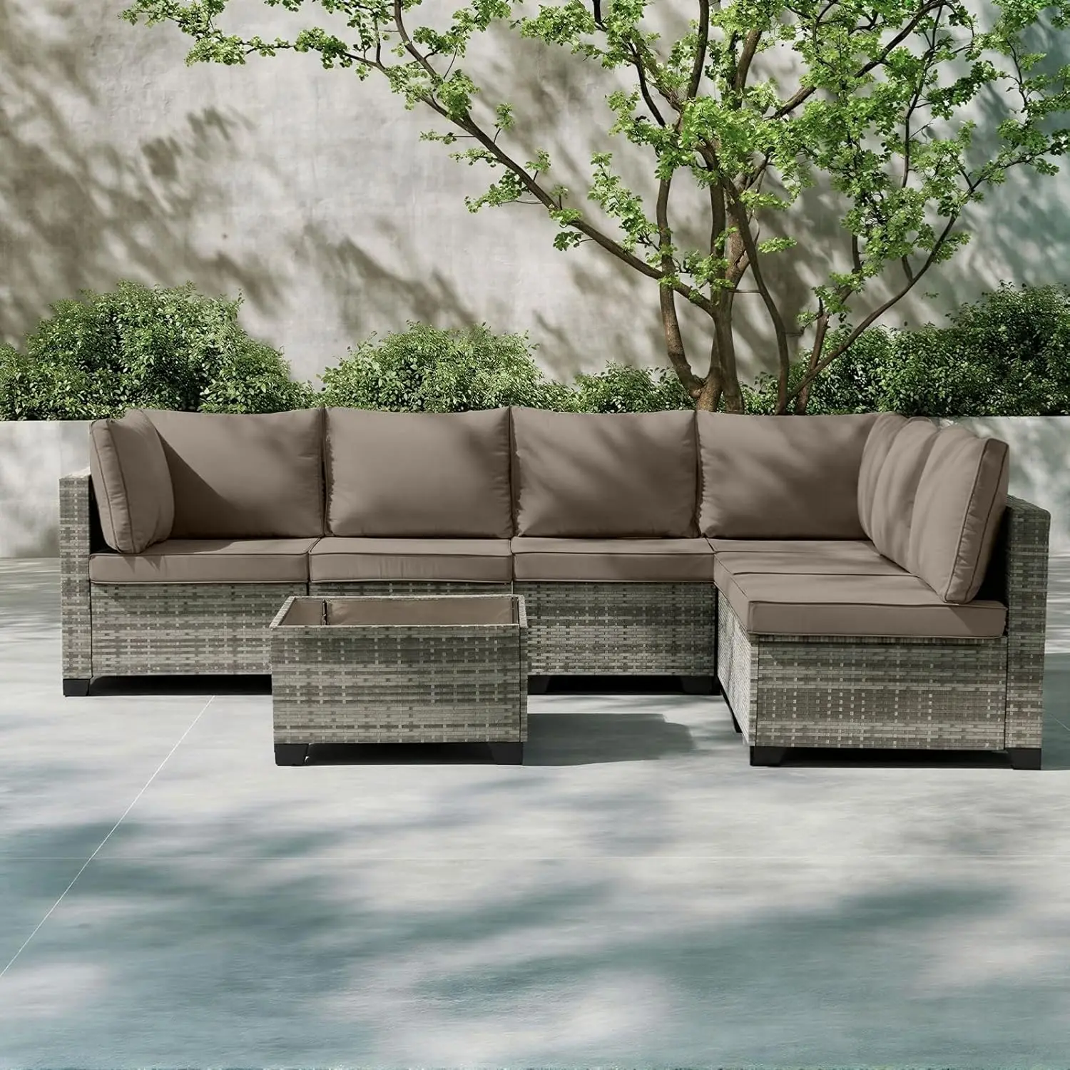 7pc Grey PE Rattan Sofa Set Khaki Cushion Steel Frame Coffee Table Outdoor Conversation Customized
7pc Grey PE Rattan Sofa Set Khaki Cushion Steel Frame Coffee Table Outdoor Conversation Customized