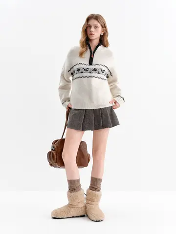 FSLE Vintage Fair Isle Jacquard Knit Sweater for Women 2025 Winter New Arrival Semi Open Front Zip-Up Pullover Winter Sweaters